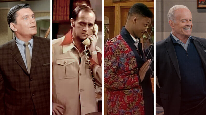 Left to right: Dick York in Bewitched; Bob Newhart in The Bob Newhart Show; Will Smith in The Fresh Prince Of Bel-Air; Kelsey Grammer in Frasier